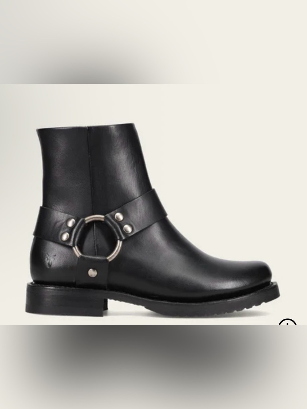 Frye Black Leather Harness Ankle Boot with Ring Accent